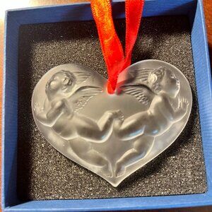 LALIQUE Angels Heart Shaped Crystal Christmas Ornament - 1996